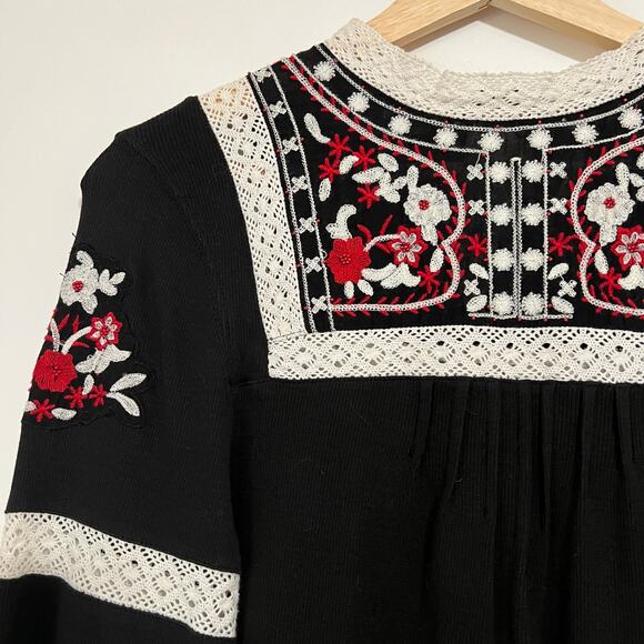 Free People Cozy On Up Embroidered Long Bubble Sleeve Top Black | M - Picture 3 of 10